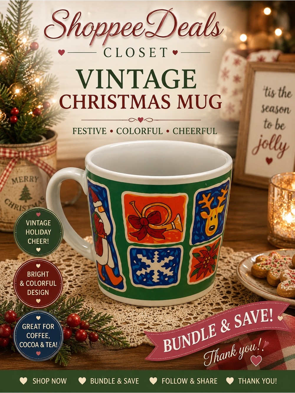Vintage Christmas Holiday Ceramic Mug Green Multicolor Santa Reindeer Tree